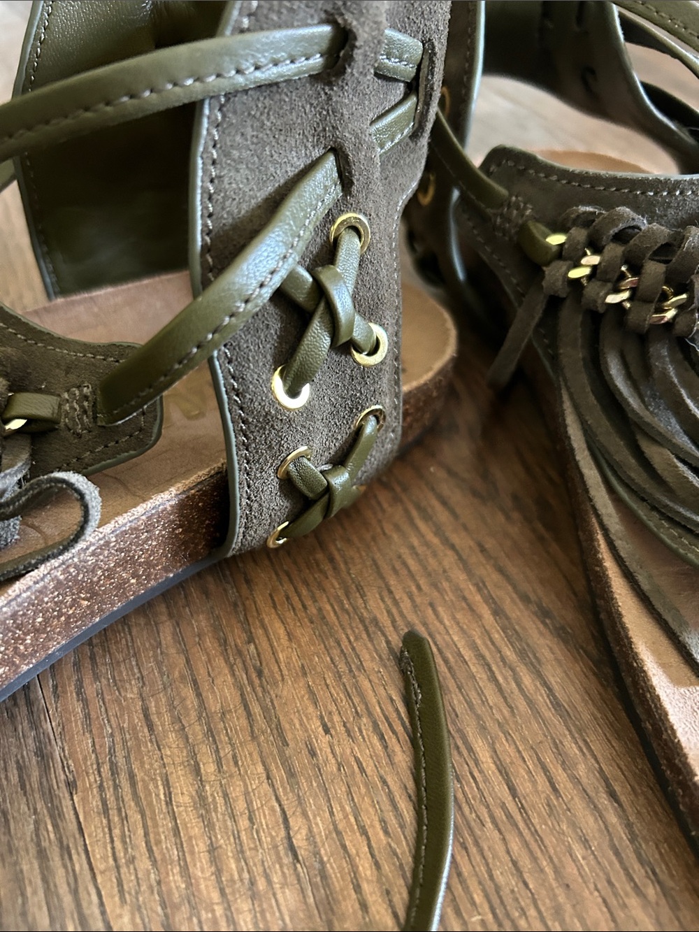 Sam Edelman Olive Green Fringe Lace-Up Sandals - Picture 3 of 5